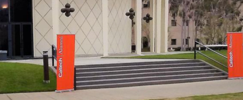 Caltech Alumni banners at a campus building entrance